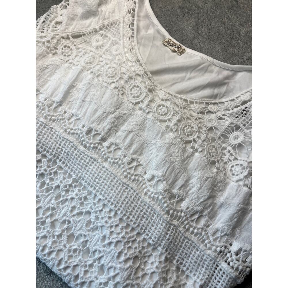 One World Live and Let Live White Crochet Lace Tunic Top Boho High Low Hem Large